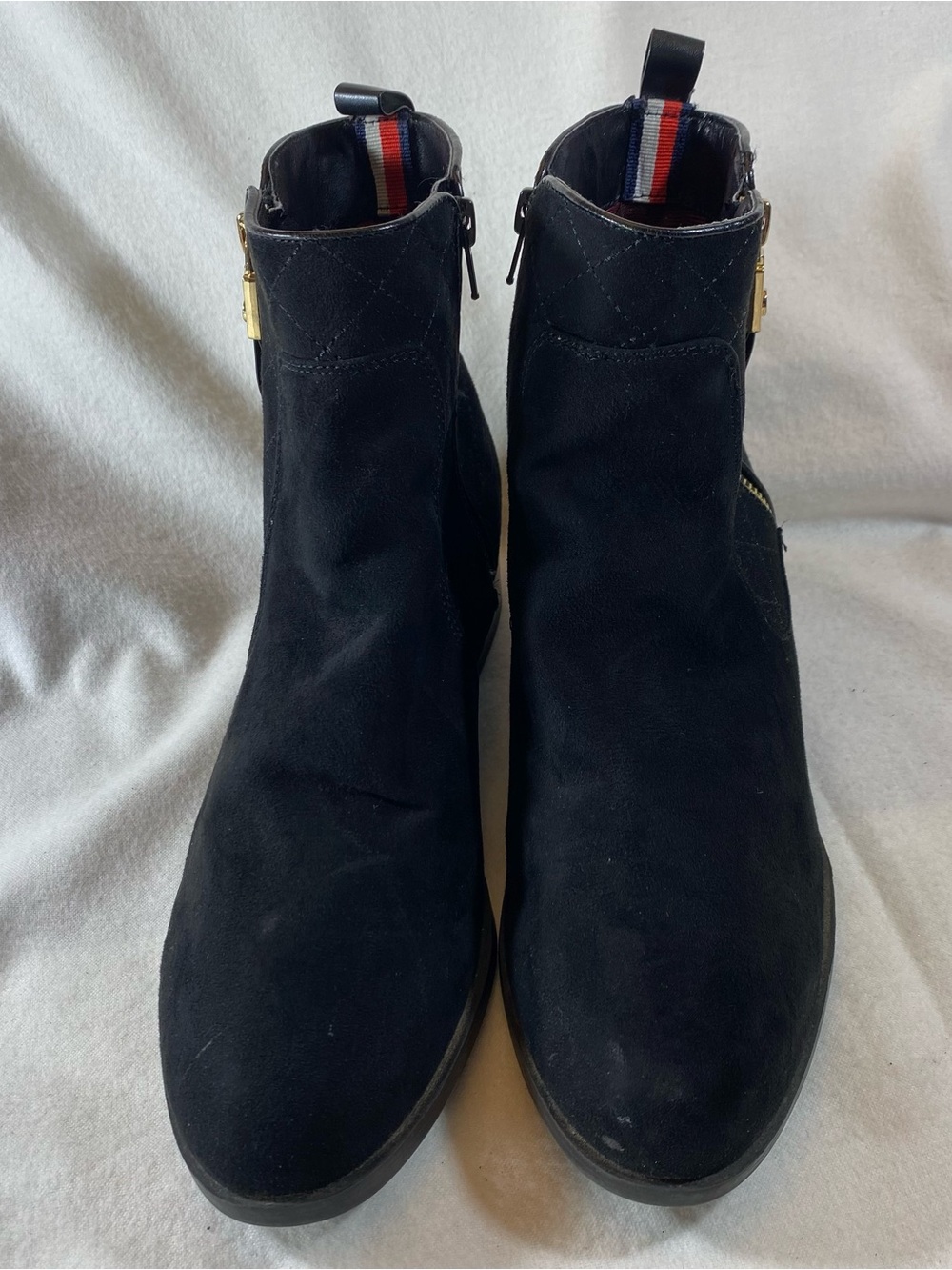 Tommy Hilfiger Black Suede Ankle Booties with Gold Hardware